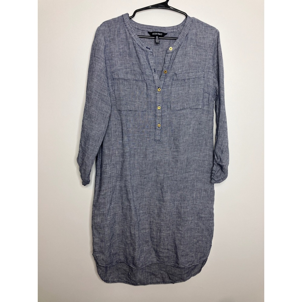 Ellen Tracy Shirt Dress Women Medium Blue Excellent Linen Feel Roll Tab Tunic